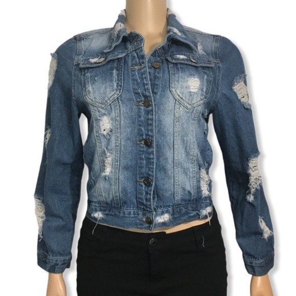 Between Us Denim Trucker Jacket factory Ripped and Distressed size S - Picture 6 of 16